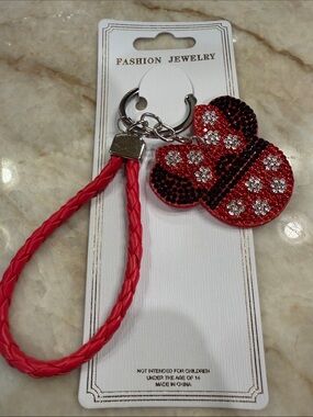 Fashion Jewelry Red & Black Crystal Minnie Key Ring with Braided Wristlet